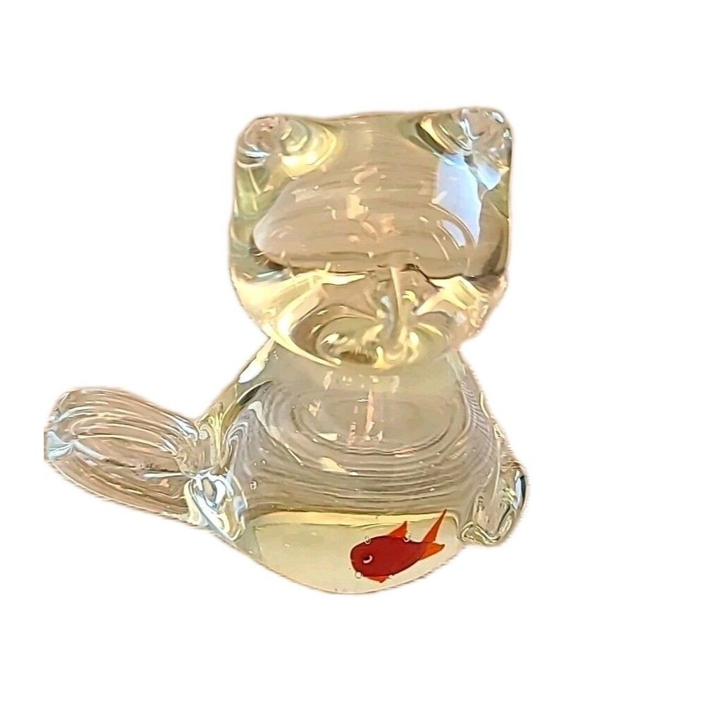 Murano Style Art glass* hand blown clear glass cat with Goldfish in belly! (4in)